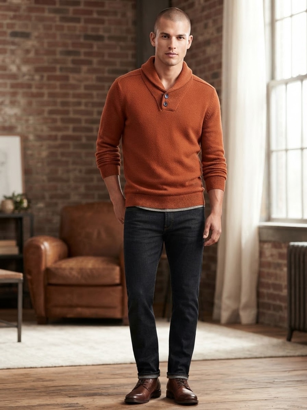 Banana Republic Burnt Orange Shawl Collar Merino Wool Sweater Large